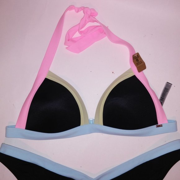 Victoria Secret PINK Swim Bikini XL Top XXL Bottom Black Pink‎ Blue Green Padded - Picture 7 of 12